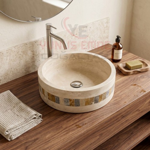 Mozaikli Traverten Silindir Lavabo