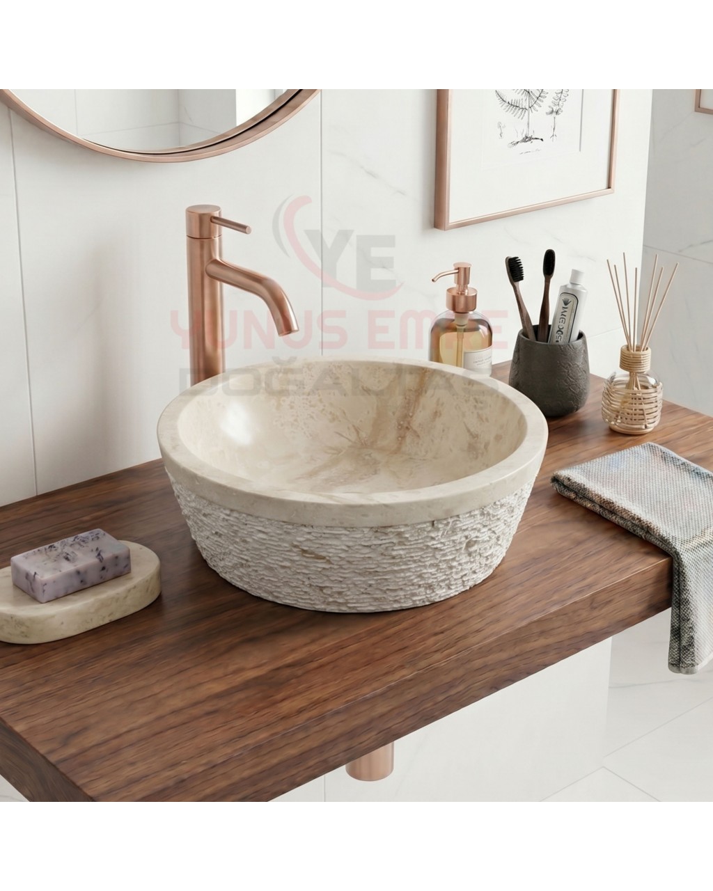 Traverten Taraklı Yarım Silindir Lavabo