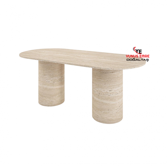 Oval Çift Kalın Silindir Ayaklı Traverten Yemek Masası Oval Çift Kalın Silindir Ayaklı Traverten Yemek Masası